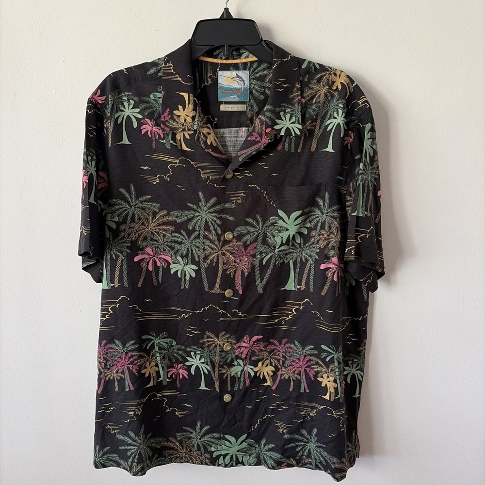 Tommy Bahama Island Fit Palm Tree Print Large Black Hawaiian‎ Shirt Resort